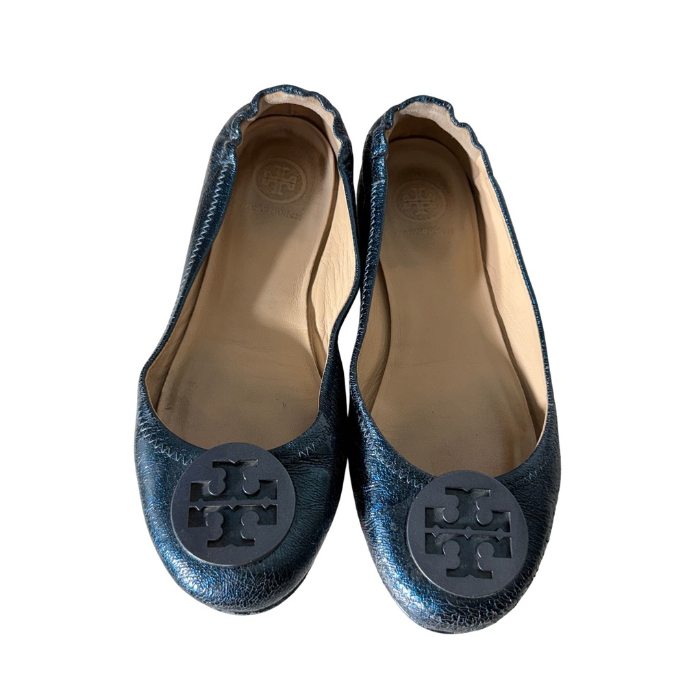 Tory Burch Reva Metallic Blue Cracked Leather Logo Ballet Flats Womens 7.5